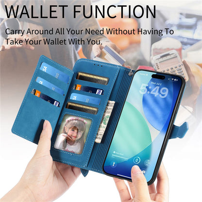 For iPhone 17 Pro Max Zipper Wallet Case with Strap Flower Imprint PU Leather Phone Cover