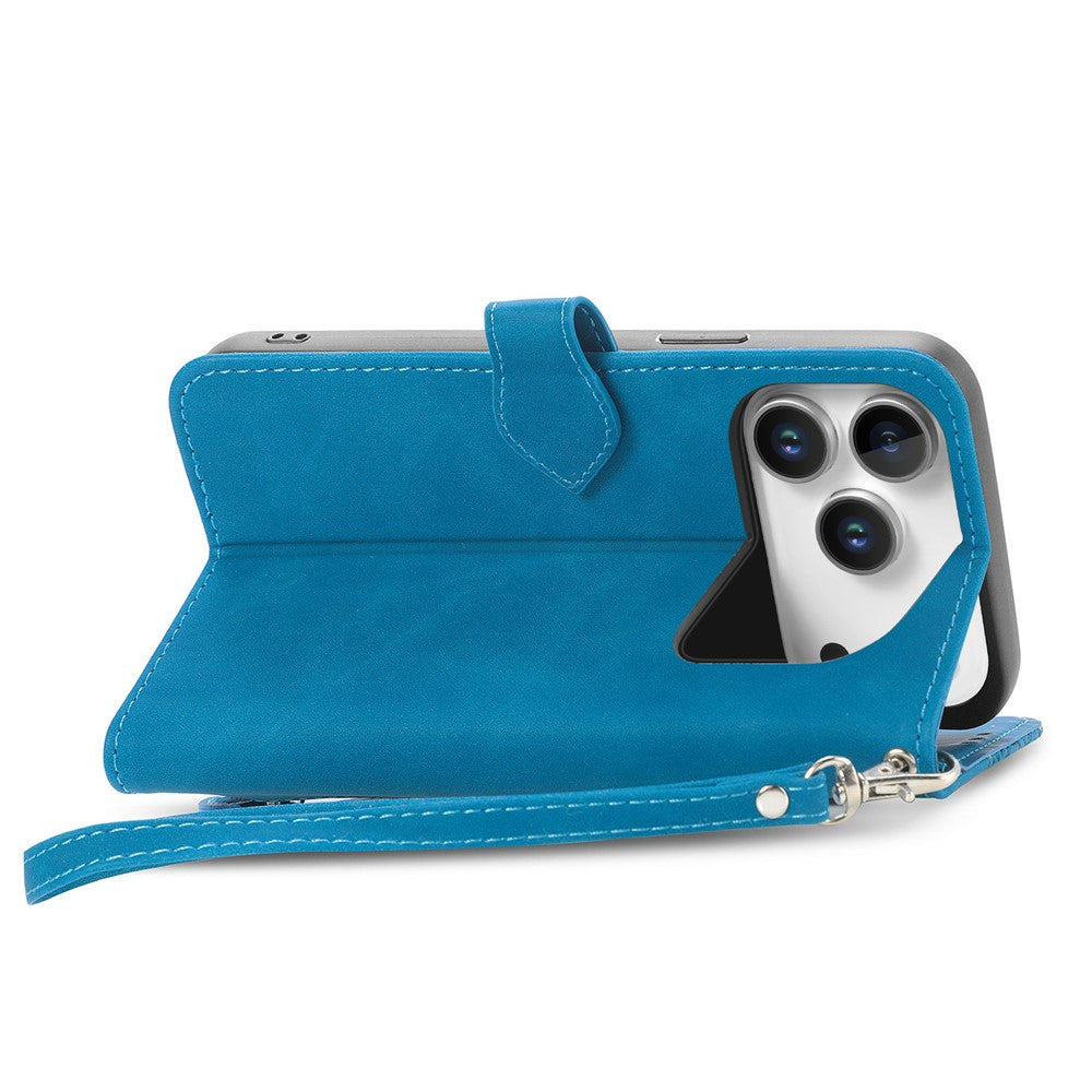 For iPhone 17 Pro Max Zipper Wallet Case with Strap Flower Imprint PU Leather Phone Cover
