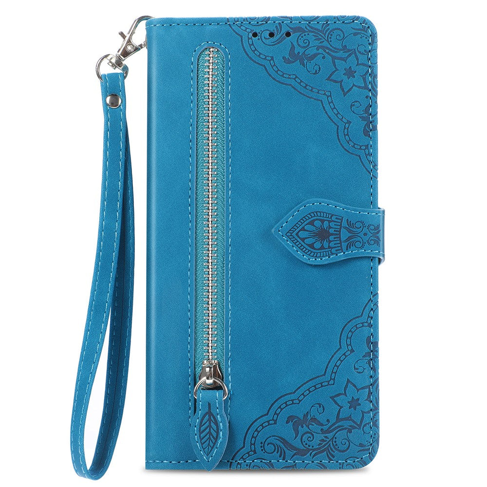 For iPhone 17 Pro Max Zipper Wallet Case with Strap Flower Imprint PU Leather Phone Cover