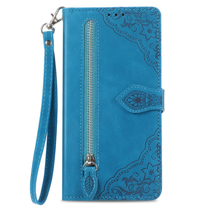 For iPhone 17 Pro Max Zipper Wallet Case with Strap Flower Imprint PU Leather Phone Cover