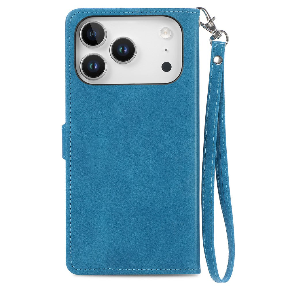 For iPhone 17 Pro Max Zipper Wallet Case with Strap Flower Imprint PU Leather Phone Cover