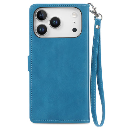 For iPhone 17 Pro Max Zipper Wallet Case with Strap Flower Imprint PU Leather Phone Cover