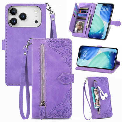 For iPhone 17 Pro Max Zipper Wallet Case with Strap Flower Imprint PU Leather Phone Cover