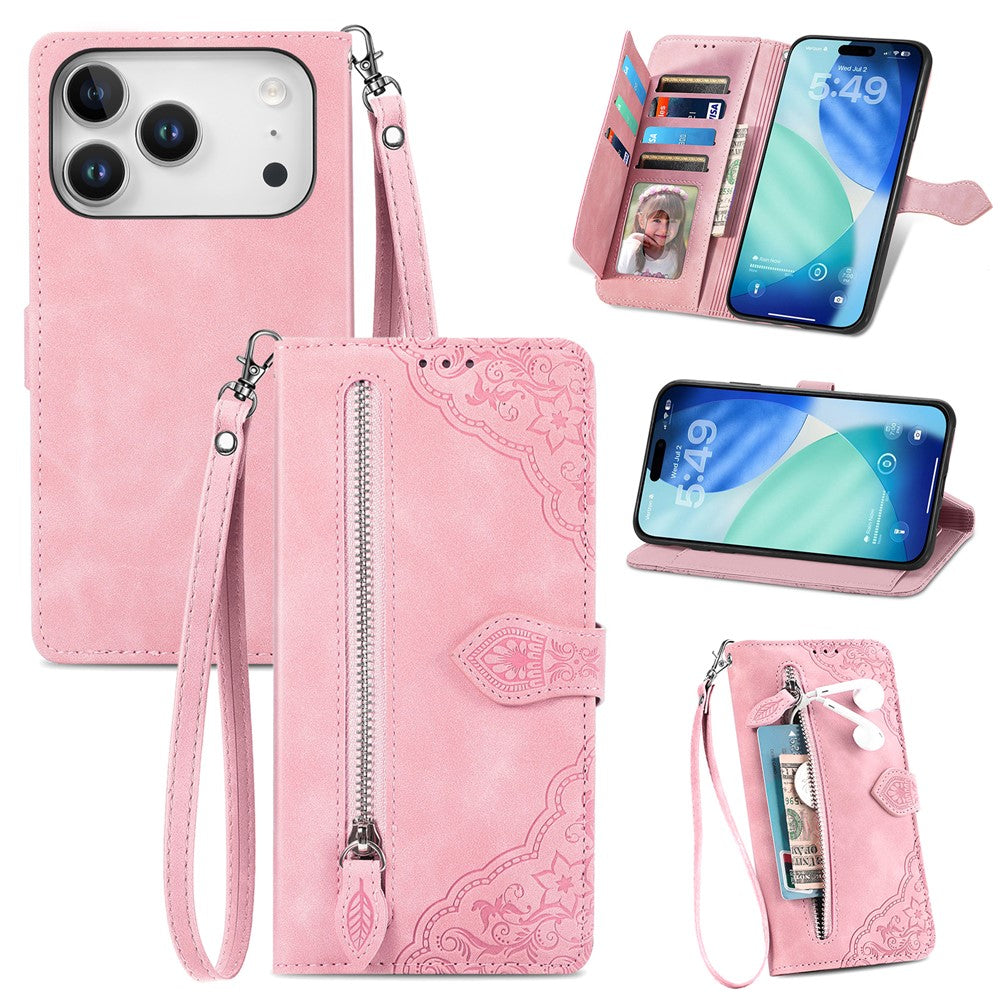 For iPhone 17 Pro Max Zipper Wallet Case with Strap Flower Imprint PU Leather Phone Cover