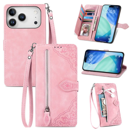 For iPhone 17 Pro Max Zipper Wallet Case with Strap Flower Imprint PU Leather Phone Cover