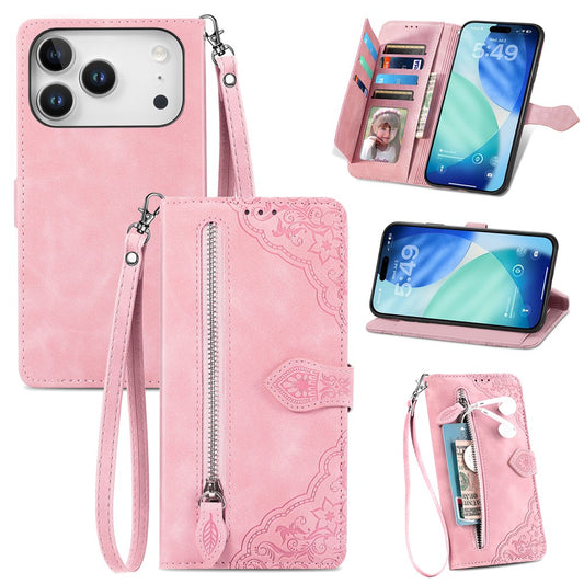 For iPhone 17 Pro Max Zipper Wallet Case with Strap Flower Imprint PU Leather Phone Cover