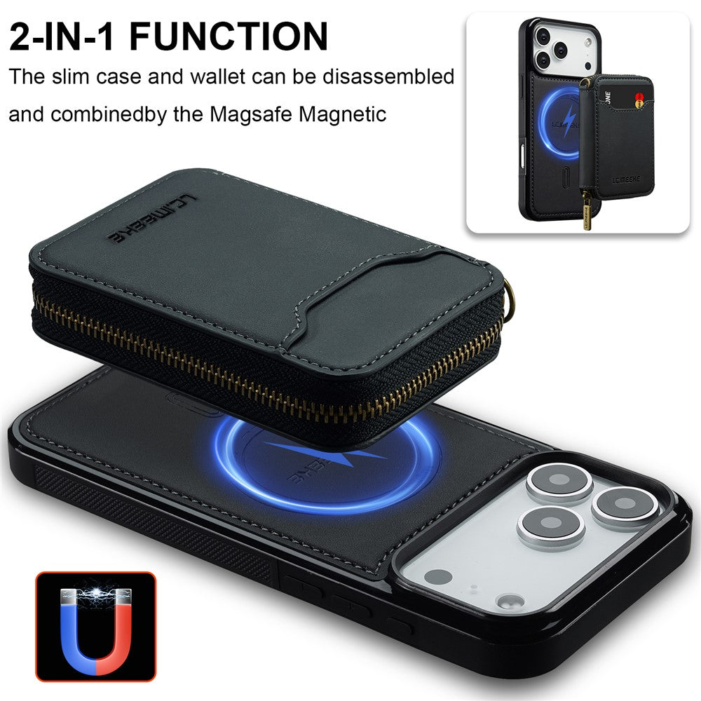 LC.IMEEKE L6 For iPhone 17 Pro Magnetic Case Detachable Zipper Wallet Leather Coated PC + TPU Phone Cover