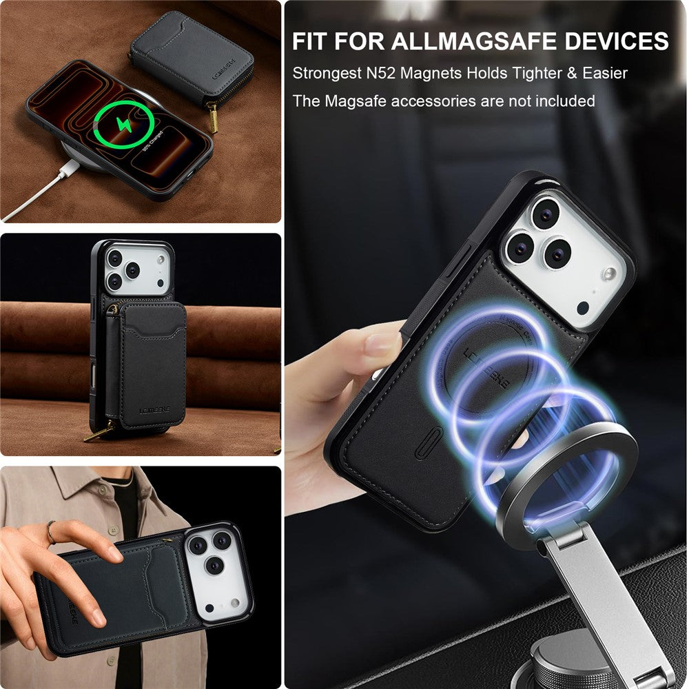 LC.IMEEKE L6 For iPhone 17 Pro Magnetic Case Detachable Zipper Wallet Leather Coated PC + TPU Phone Cover