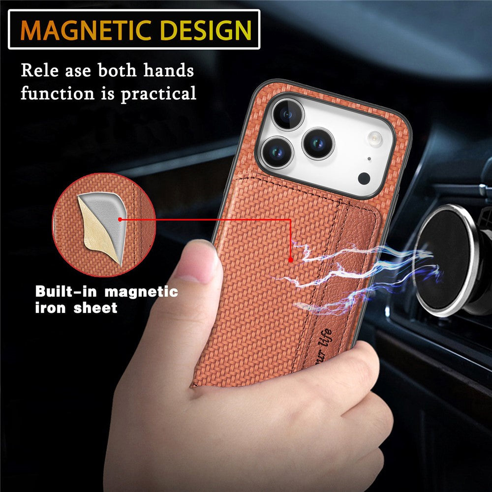 For iPhone 17 Pro Max Case RFID Blocking Carbon Fiber Leather Phone Back Cover with Card Holder