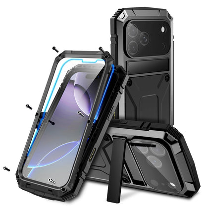 R-JUST For iPhone 17 Pro Max Case PC + Silicone + Metal Kickstand Phone Cover with Tempered Glass Film