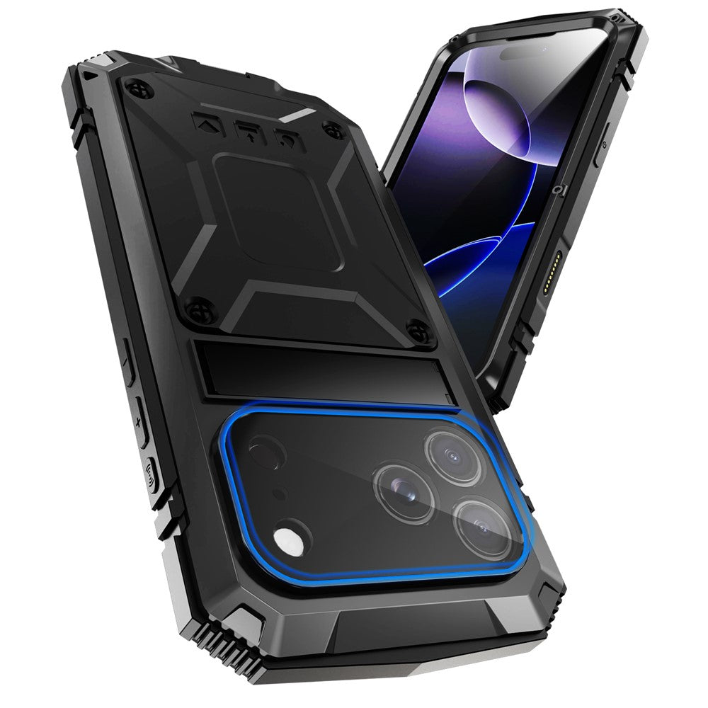 R-JUST For iPhone 17 Pro Max Case PC + Silicone + Metal Kickstand Phone Cover with Tempered Glass Film