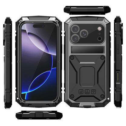 R-JUST For iPhone 17 Pro Max Case PC + Silicone + Metal Kickstand Phone Cover with Tempered Glass Film