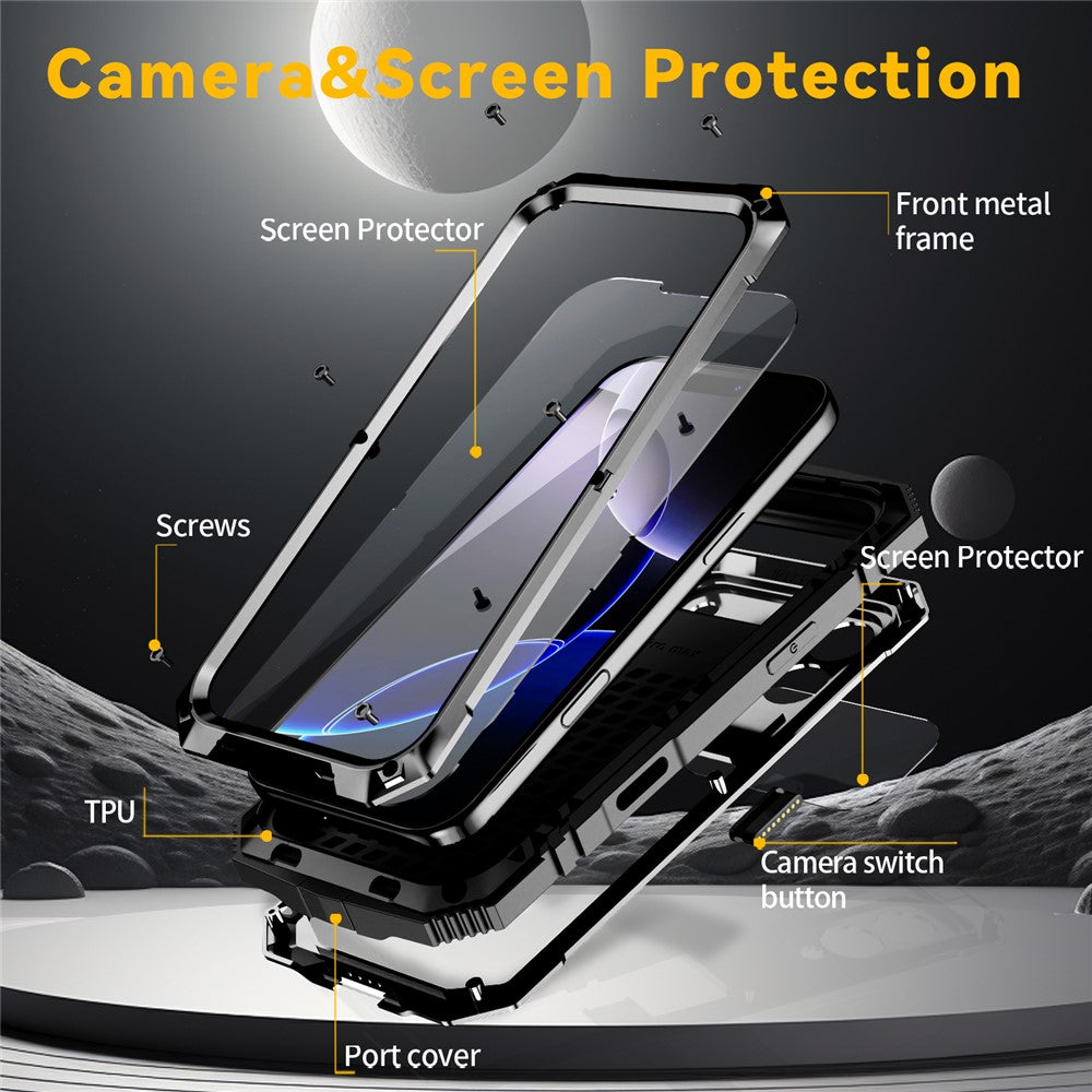 R-JUST For iPhone 17 Pro Max Case PC + Silicone + Metal Kickstand Phone Cover with Tempered Glass Film