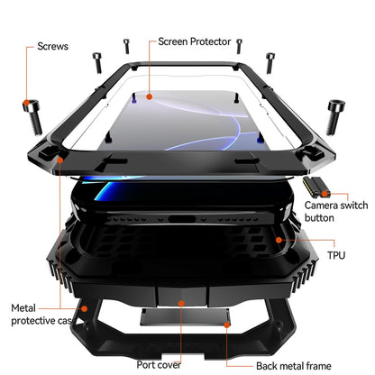 R-JUST For iPhone 17 Pro Max Case PC + Silicone + Metal Kickstand Phone Cover with Tempered Glass Film