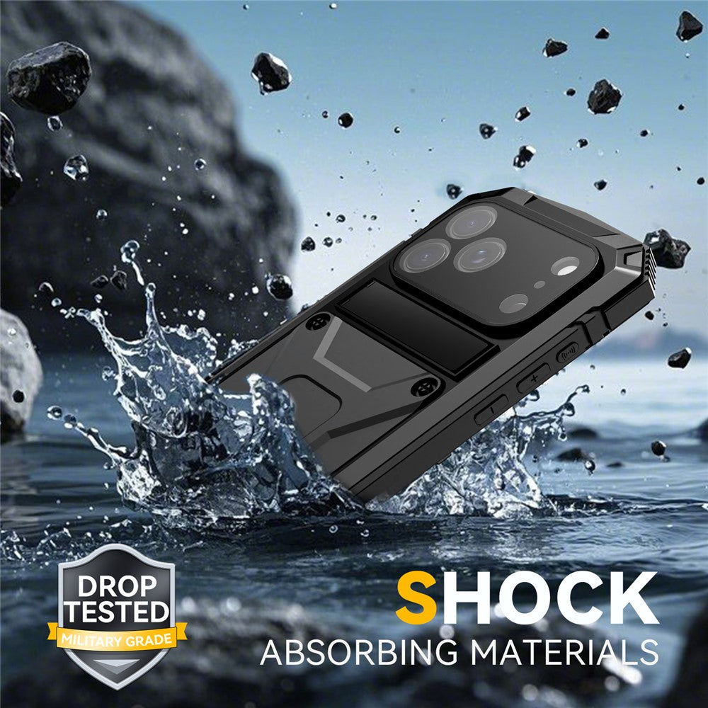 R-JUST For iPhone 17 Pro Max Case PC + Silicone + Metal Kickstand Phone Cover with Tempered Glass Film