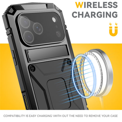 R-JUST For iPhone 17 Pro Max Case PC + Silicone + Metal Kickstand Phone Cover with Tempered Glass Film