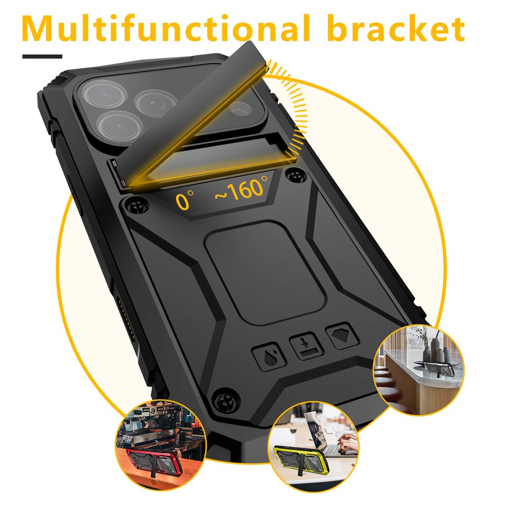 R-JUST For iPhone 17 Pro Max Case PC + Silicone + Metal Kickstand Phone Cover with Tempered Glass Film