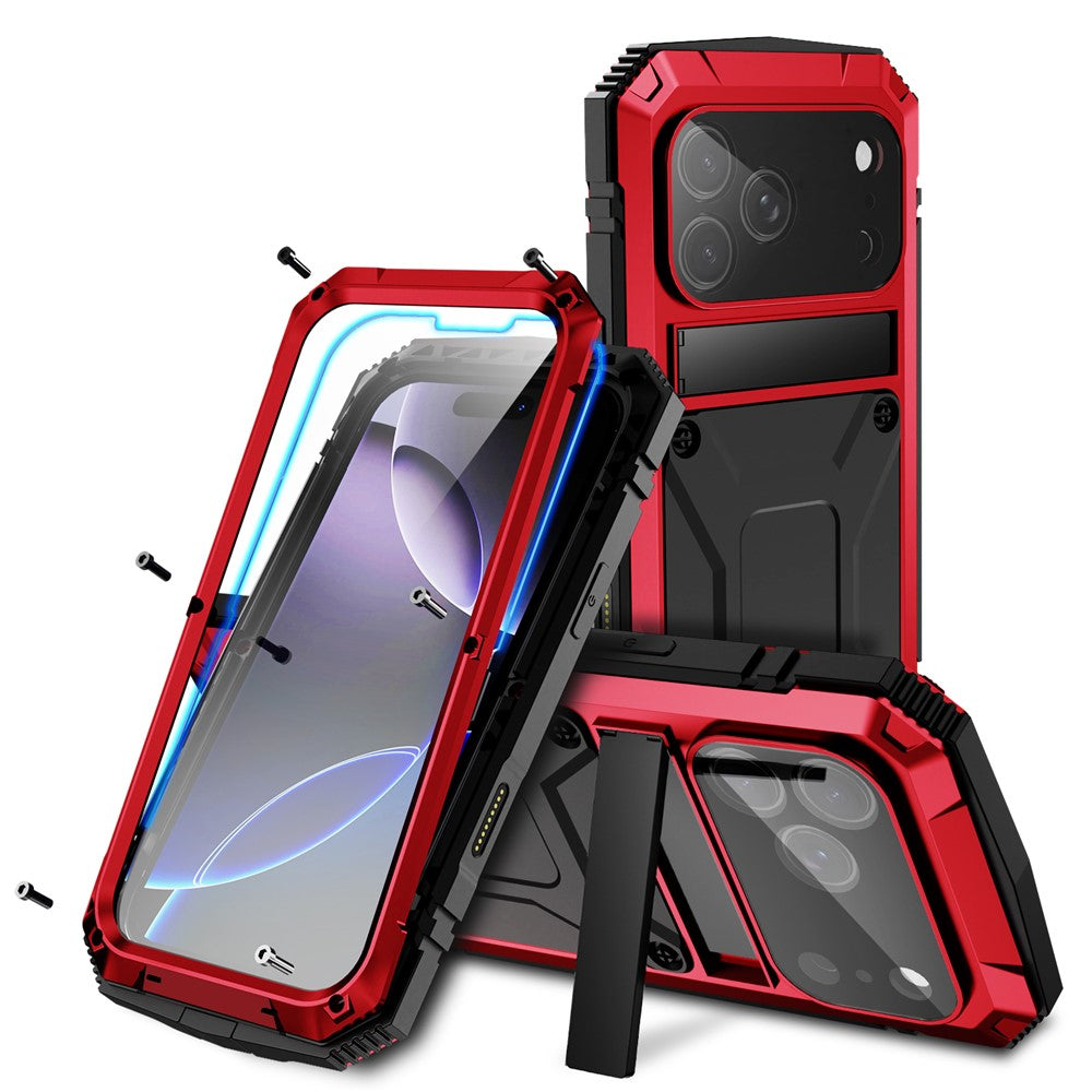 R-JUST For iPhone 17 Pro Max Case PC + Silicone + Metal Kickstand Phone Cover with Tempered Glass Film