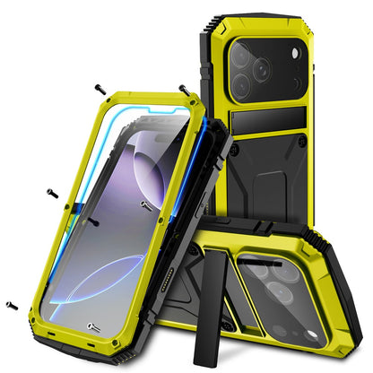 R-JUST For iPhone 17 Pro Max Case PC + Silicone + Metal Kickstand Phone Cover with Tempered Glass Film