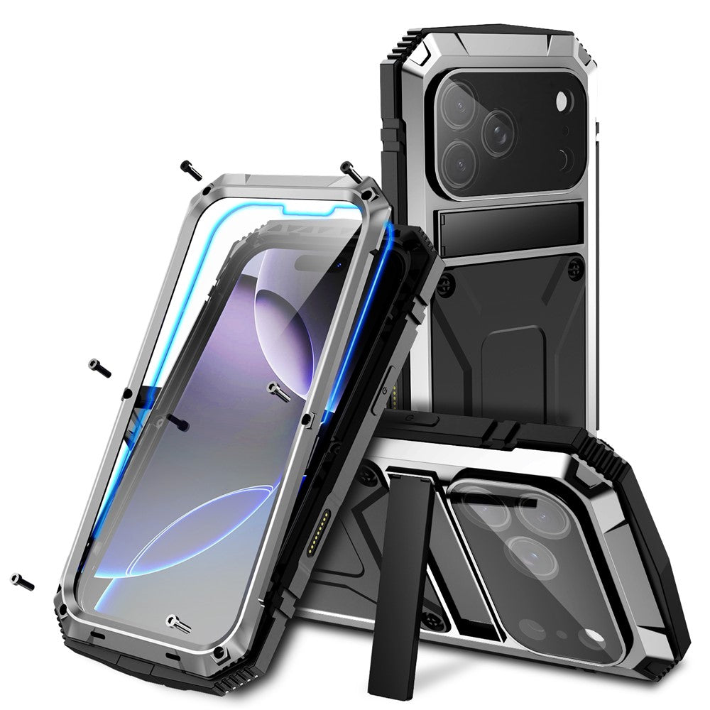 R-JUST For iPhone 17 Pro Max Case PC + Silicone + Metal Kickstand Phone Cover with Tempered Glass Film
