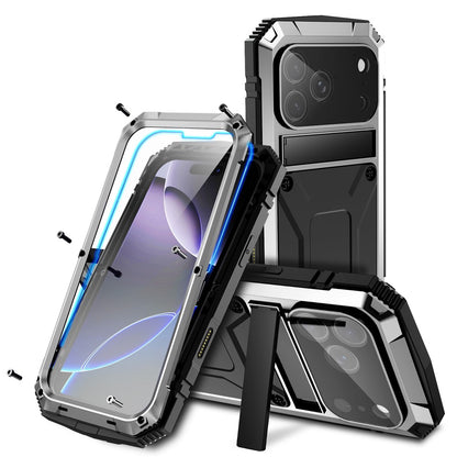 R-JUST For iPhone 17 Pro Max Case PC + Silicone + Metal Kickstand Phone Cover with Tempered Glass Film