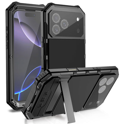 R-JUST For iPhone 17 Pro Case PC + Silicone + Metal Kickstand Phone Cover with Tempered Glass Film