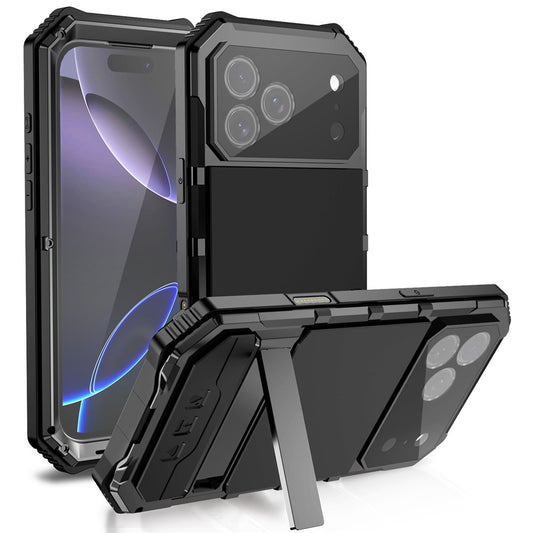 R-JUST For iPhone 17 Pro Case PC + Silicone + Metal Kickstand Phone Cover with Tempered Glass Film