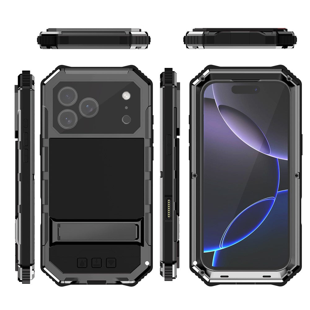 R-JUST For iPhone 17 Pro Case PC + Silicone + Metal Kickstand Phone Cover with Tempered Glass Film