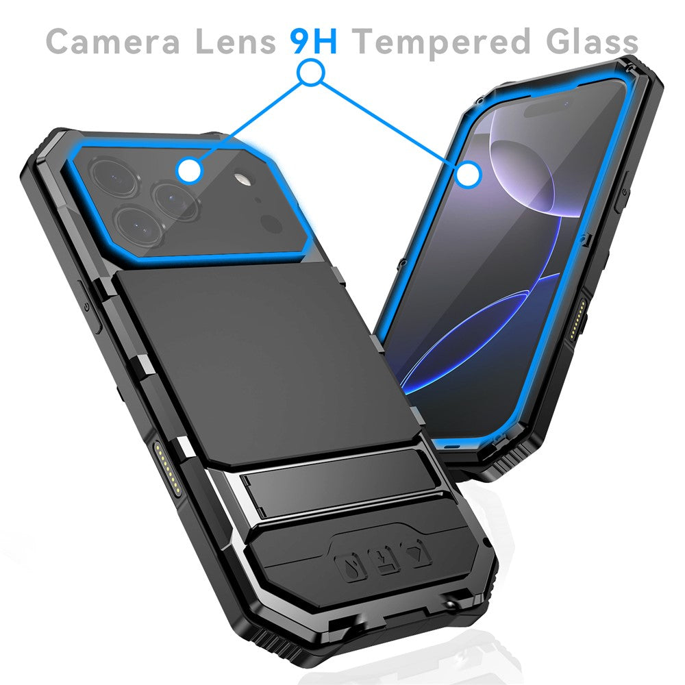R-JUST For iPhone 17 Pro Case PC + Silicone + Metal Kickstand Phone Cover with Tempered Glass Film