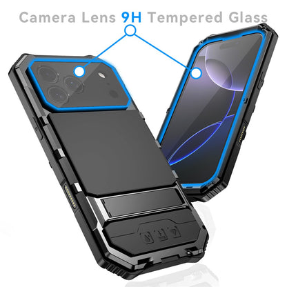 R-JUST For iPhone 17 Pro Case PC + Silicone + Metal Kickstand Phone Cover with Tempered Glass Film