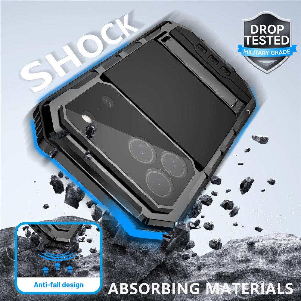 R-JUST For iPhone 17 Pro Case PC + Silicone + Metal Kickstand Phone Cover with Tempered Glass Film