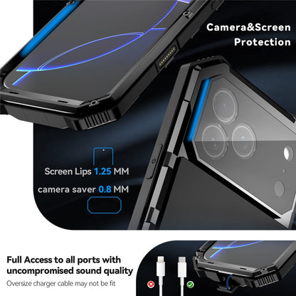 R-JUST For iPhone 17 Pro Case PC + Silicone + Metal Kickstand Phone Cover with Tempered Glass Film