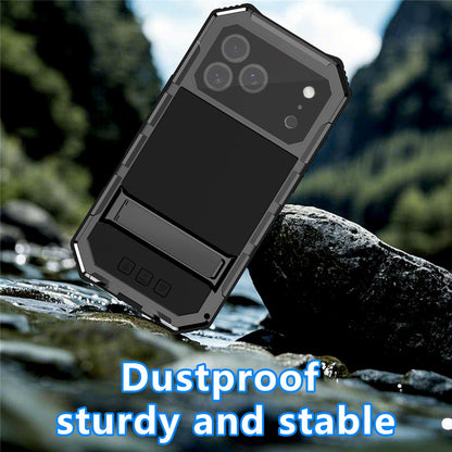 R-JUST For iPhone 17 Pro Case PC + Silicone + Metal Kickstand Phone Cover with Tempered Glass Film