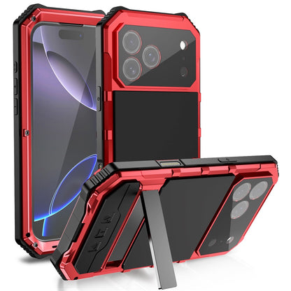 R-JUST For iPhone 17 Pro Case PC + Silicone + Metal Kickstand Phone Cover with Tempered Glass Film