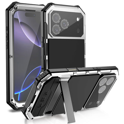 R-JUST For iPhone 17 Pro Case PC + Silicone + Metal Kickstand Phone Cover with Tempered Glass Film