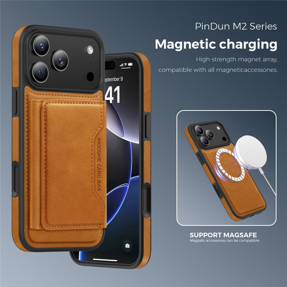 For iPhone 17 Pro Case Compatible with MagSafe Leather Back Phone Cover with Detachable Card Bag