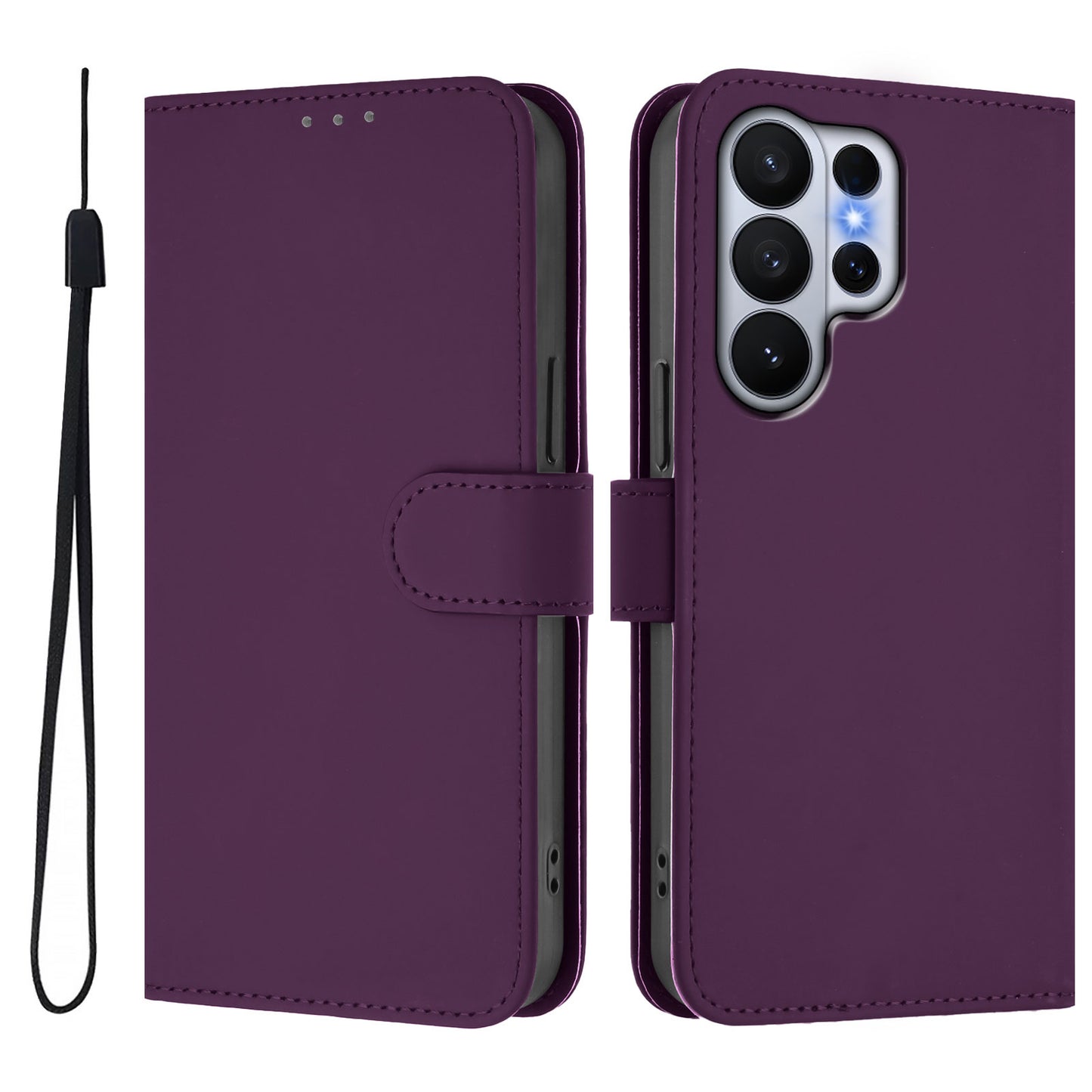 For Samsung Galaxy S26 Ultra Case Solid Color Wallet Leather Phone Cover with Strap