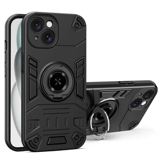 For iPhone 15 Plus  / 14 Plus Case with Ring Holder Kickstand PC + TPU Anti-Fall Phone Cover