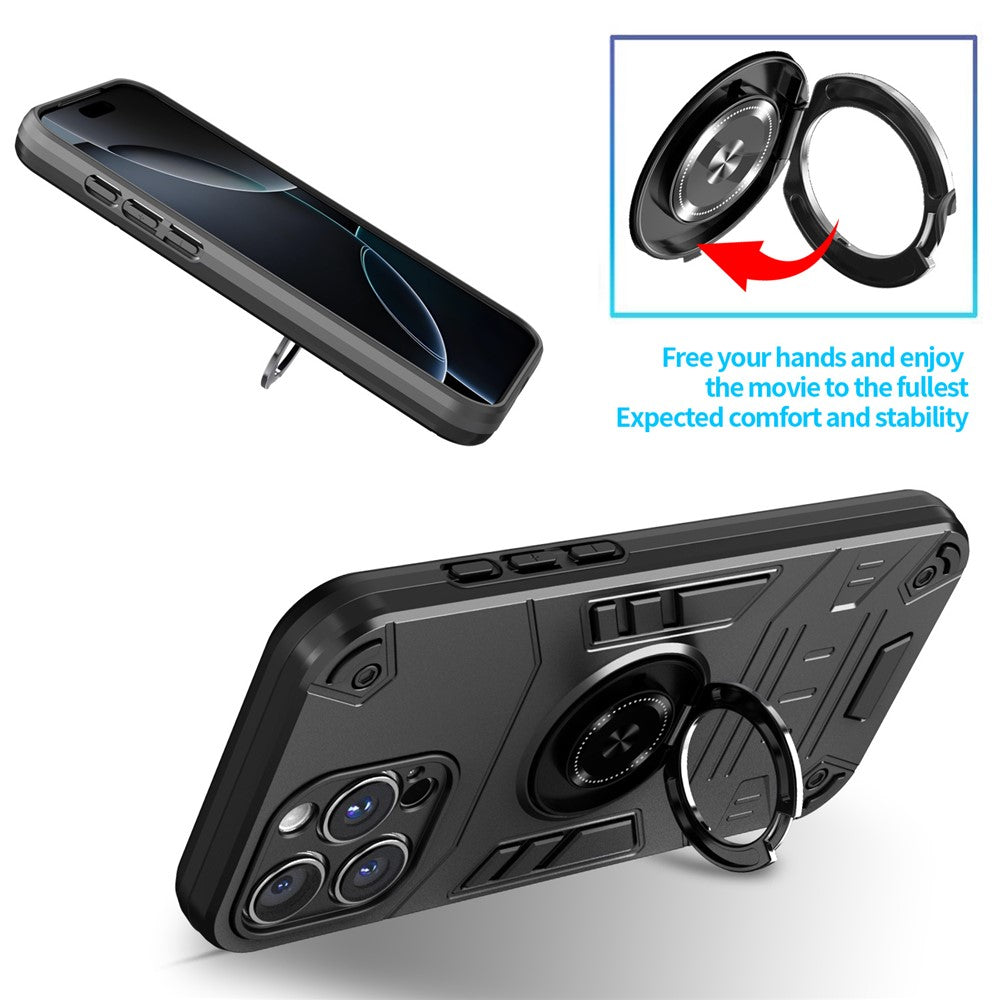 For iPhone 16 Pro Max Case with Ring Holder Kickstand PC + TPU Anti-Fall Phone Cover