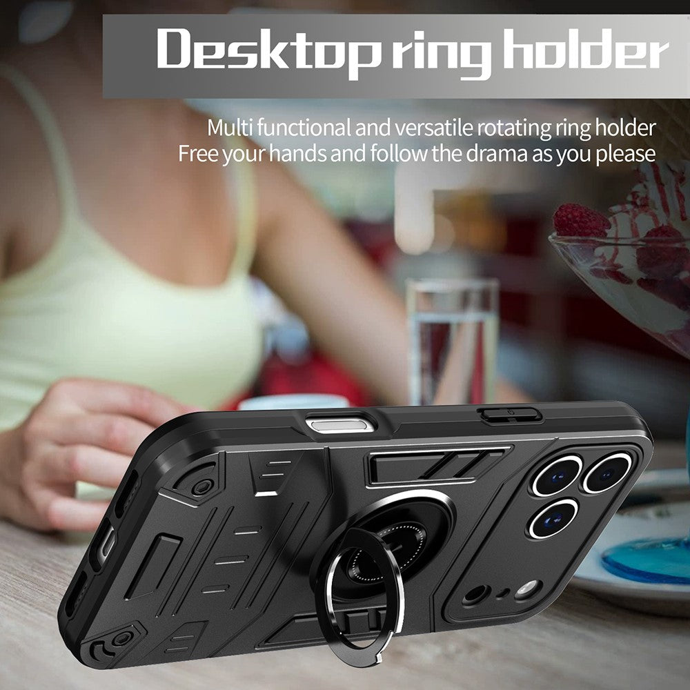 For iPhone 17 Pro Case with Ring Holder Kickstand PC + TPU Anti-Fall Phone Cover