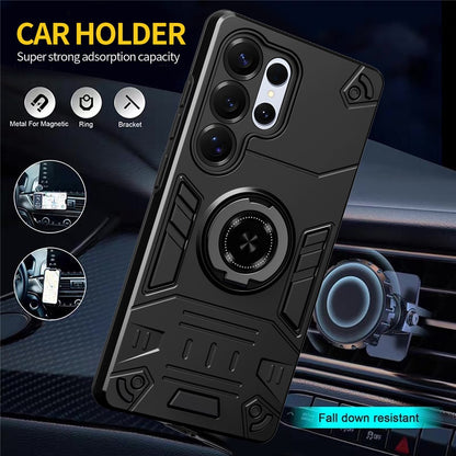 For Samsung Galaxy S25 Ultra Case with Ring Holder Kickstand PC + TPU Anti-Fall Phone Cover