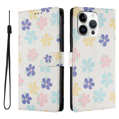 For iPhone 16 Pro Max Case Pattern Print PU Leather Wallet Phone Cover with Wrist Strap
