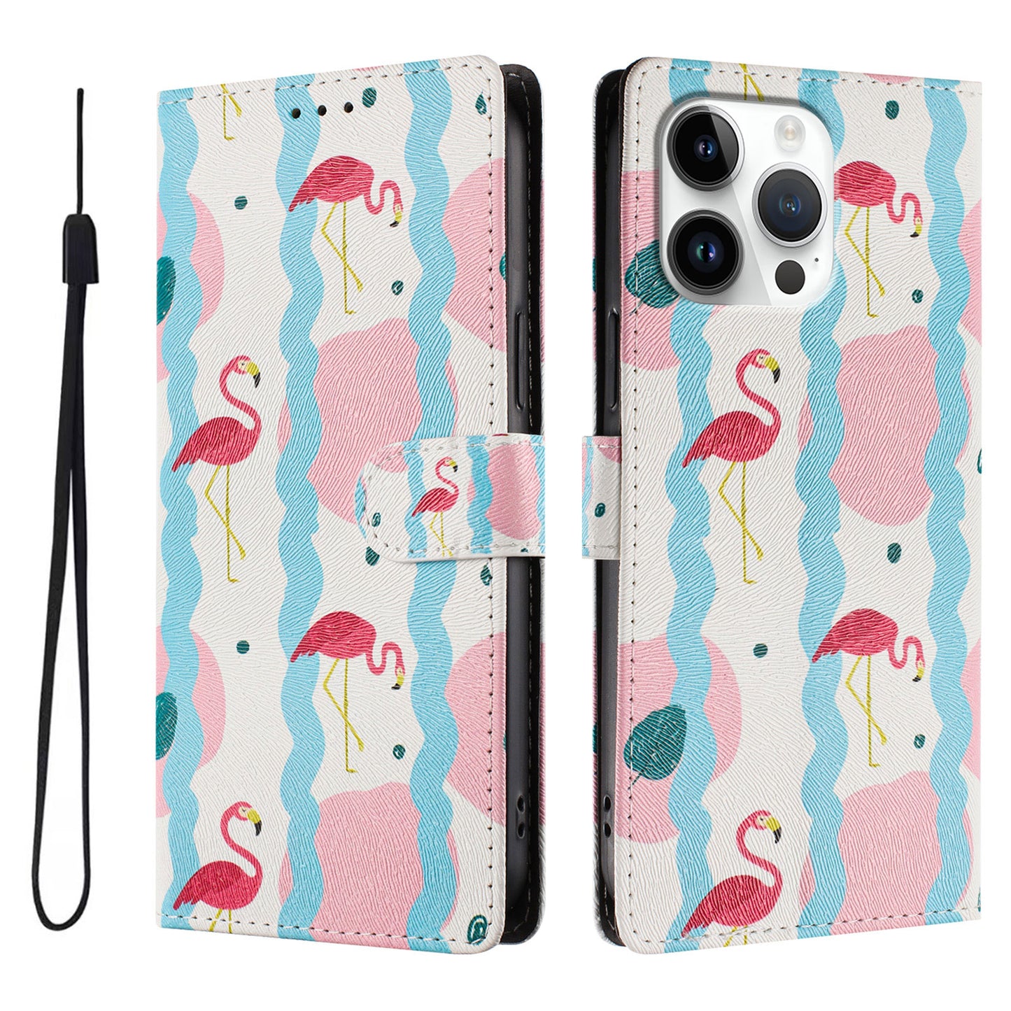 For iPhone 16 Pro Max Case Pattern Print PU Leather Wallet Phone Cover with Wrist Strap