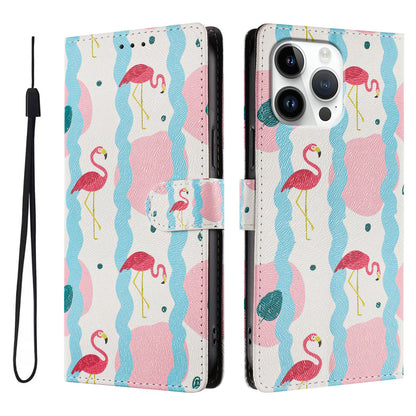 For iPhone 16 Pro Max Case Pattern Print PU Leather Wallet Phone Cover with Wrist Strap