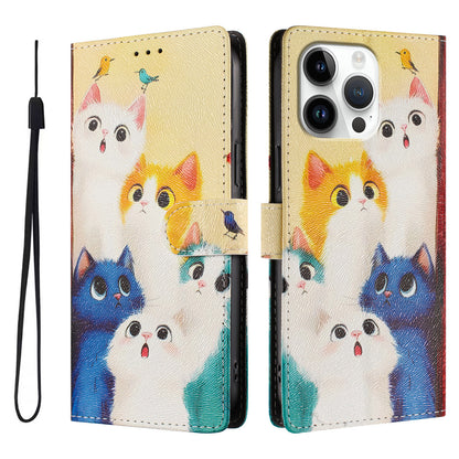 For iPhone 16 Pro Max Case Pattern Print PU Leather Wallet Phone Cover with Wrist Strap