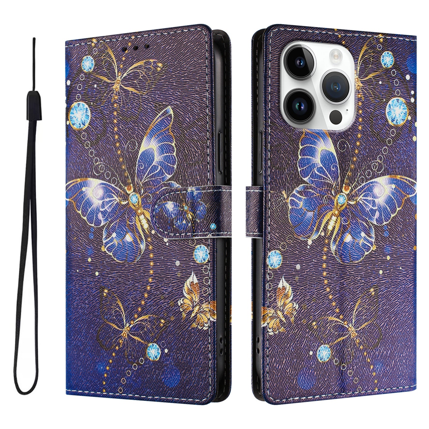 For iPhone 16 Pro Max Case Pattern Print PU Leather Wallet Phone Cover with Wrist Strap