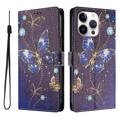 For iPhone 16 Pro Max Case Pattern Print PU Leather Wallet Phone Cover with Wrist Strap