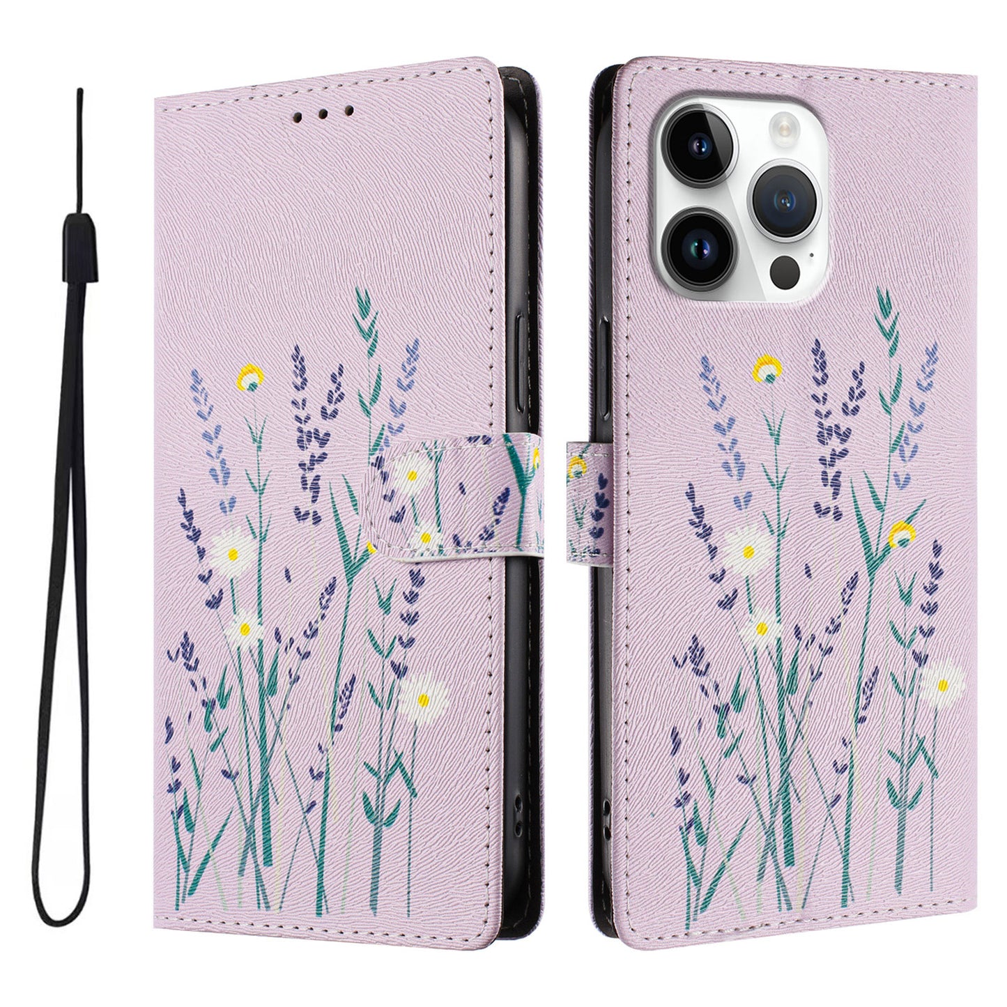 For iPhone 16 Pro Max Case Pattern Print PU Leather Wallet Phone Cover with Wrist Strap
