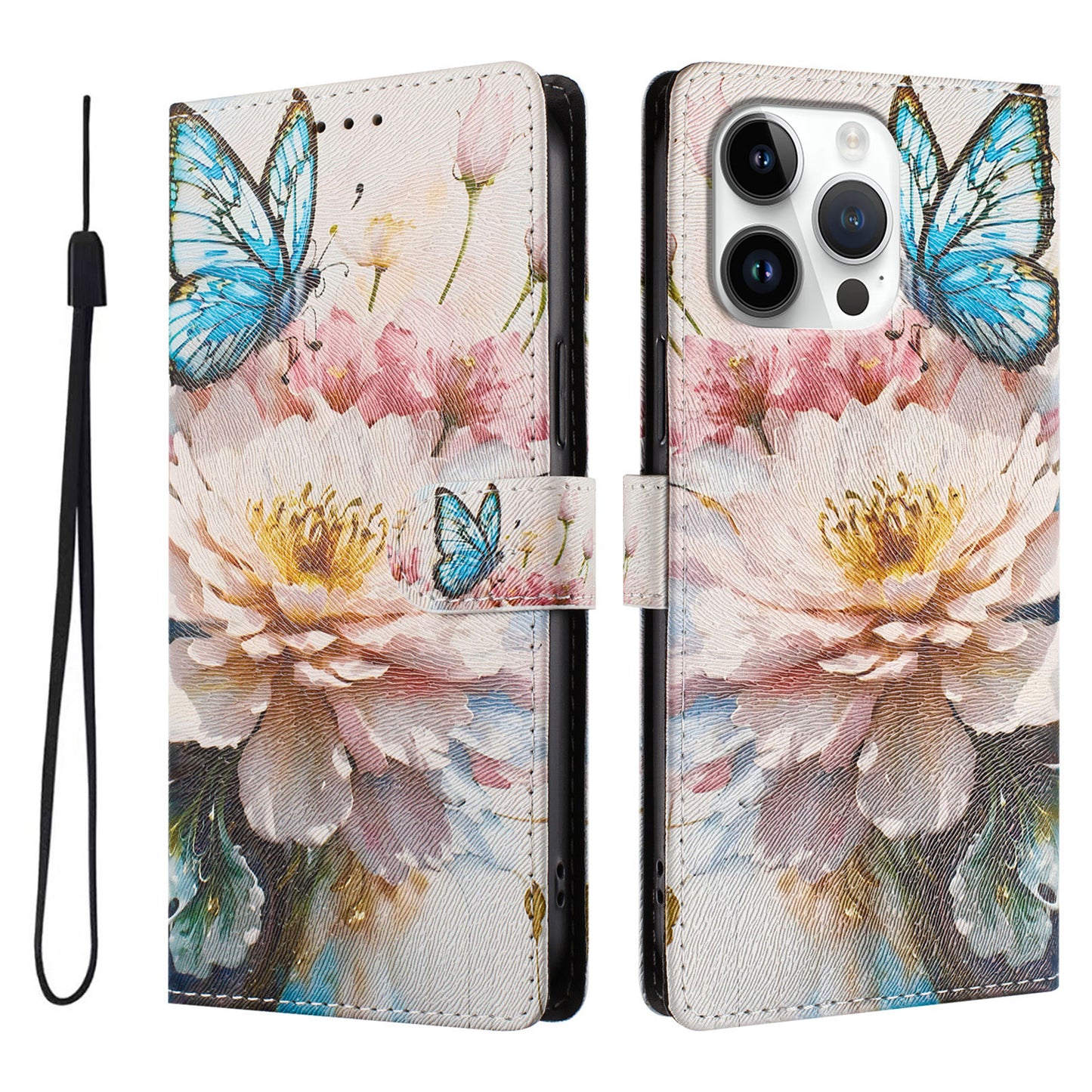 For iPhone 16 Pro Max Case Pattern Print PU Leather Wallet Phone Cover with Wrist Strap
