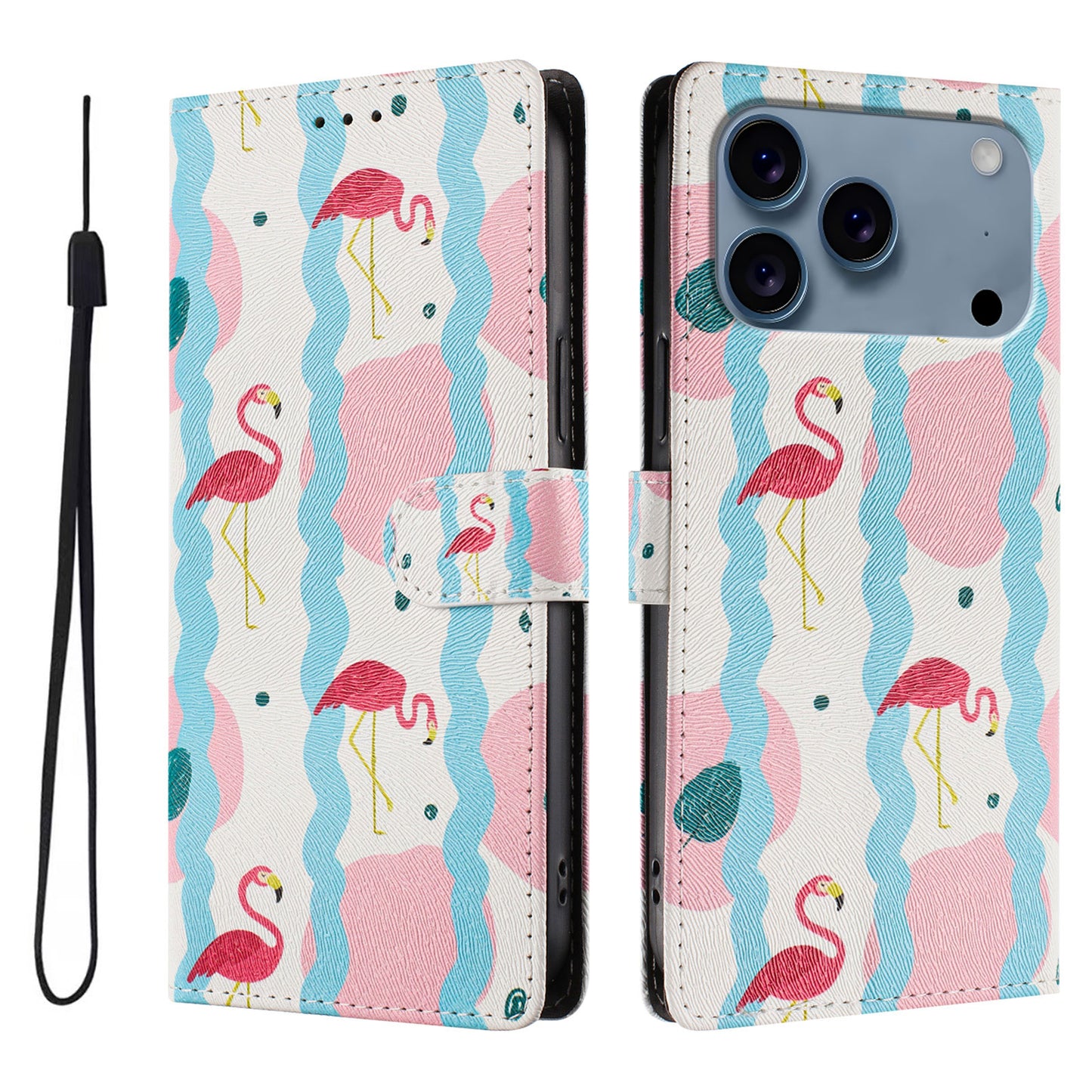 For iPhone 17 Pro Case Pattern Print PU Leather Wallet Phone Cover with Wrist Strap